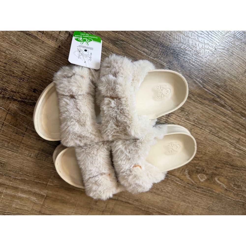 KUAILU Womens Faux Fur Platform Slides Cream Beige Cozy Sandals NWT KW6M8-2501